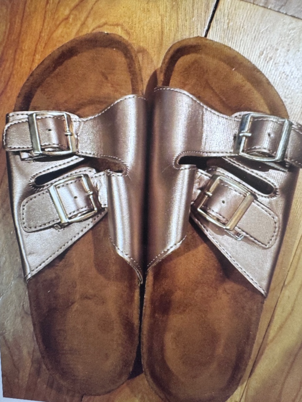 Women's Rose Gold Pink Brown Double Buckle Cork Sole Sandals Size 7 Summer